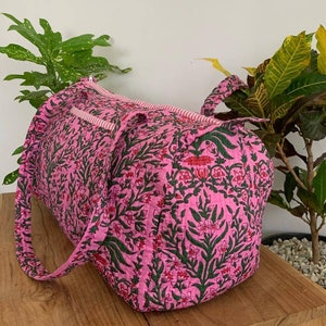 Pink Handmade Cotton Block Print Duffle Bag,Shopping Bag,Travel Bag,Gym or Yoga Bag,Quilted Bag Everyday use OR Gift For Someone Special image 5