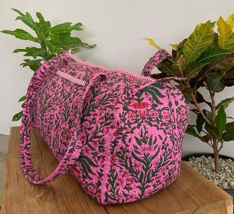 Pink Handmade Cotton Block Print Duffle Bag,Shopping Bag,Travel Bag,Gym or Yoga Bag,Quilted Bag Everyday use OR Gift For Someone Special image 5