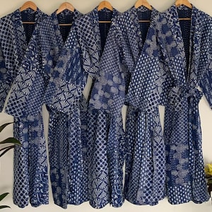 Blue Indigo Long Hand Made Kantha/Robe,100% Cotton Bath Robe,Indian Hand Made Kantha,Cotton Kimono,Traditional Robe/Kimono,