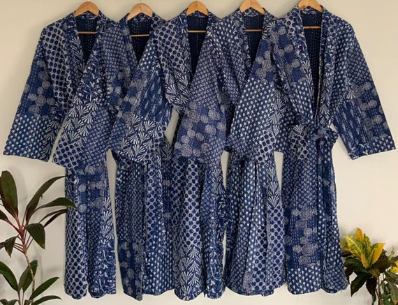 Blue Indigo Long Hand Made Kantha/Robe,100% Cotton Bath Robe,Indian Hand Made Kantha,Cotton Kimono,Traditional Robe/Kimono,