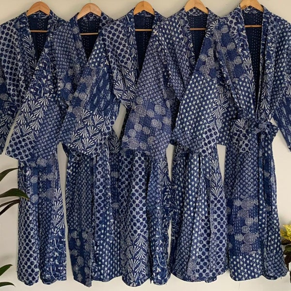 Blue Indigo Long Hand Made Kantha/Robe,100% Cotton Bath Robe,Indian Hand Made Kantha,Cotton Kimono,Traditional Robe,Quilted Kimono,