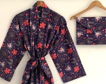 Men's Blueberry Floral Cotton Kimono Robe: Summer Beachwear