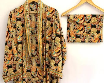 Men's Special Black-Orange Paisley silk Blend Collared Kimono,Nightwear,Loungewear kimono