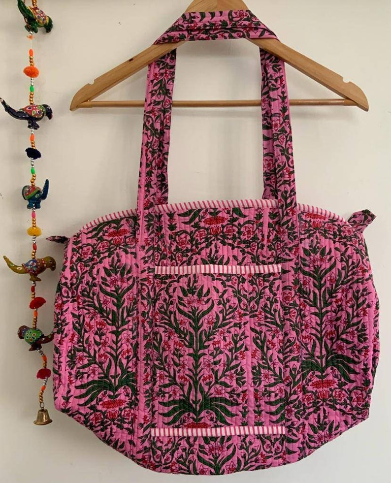 Pink Handmade Cotton Block Print Duffle Bag,Shopping Bag,Travel Bag,Gym or Yoga Bag,Quilted Bag Everyday use OR Gift For Someone Special image 4