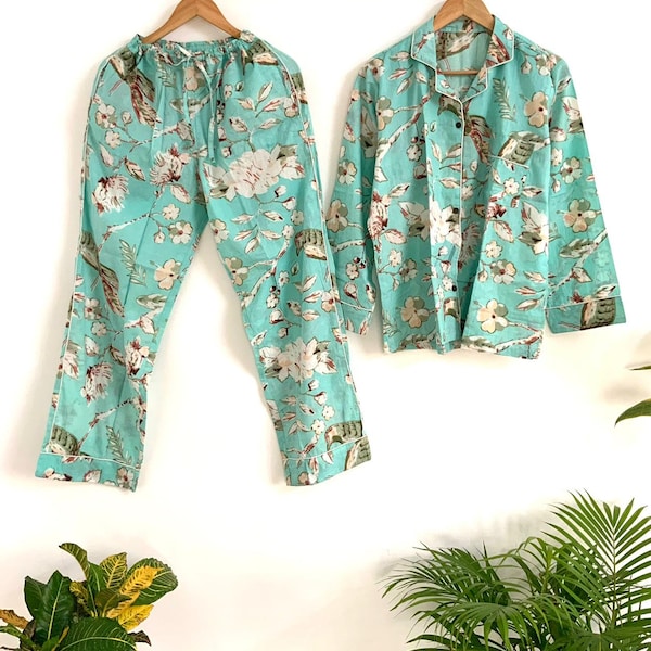 Light Green Floral Unisex 100%Pure Cotton pyjamas Set,Block Printed Pyjamas,Cotton Pyjamas Full Lenght Set,Nightwear,Loungewear,Everyday Use