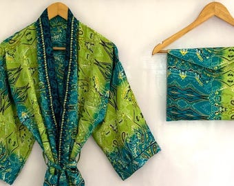Unisex Parrot Green Shaded Silk Blend Kimono/Robe,Loungewear, Beach Cover-Up, Summer ware