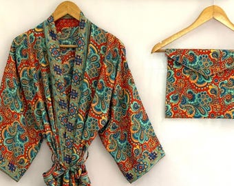 Kimono/bata unisex de mezcla de seda roja, ropa de estar por casa, pareo de playa, ropa de verano.