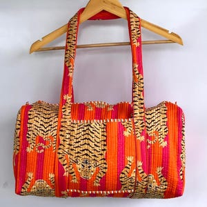 Orange Tiger Print Handmade Cotton Block Print Duffle Travel Bag Gym/Yoga Bag,Quilted Bag Everyday use/Gift for Someone Special/Occasionally