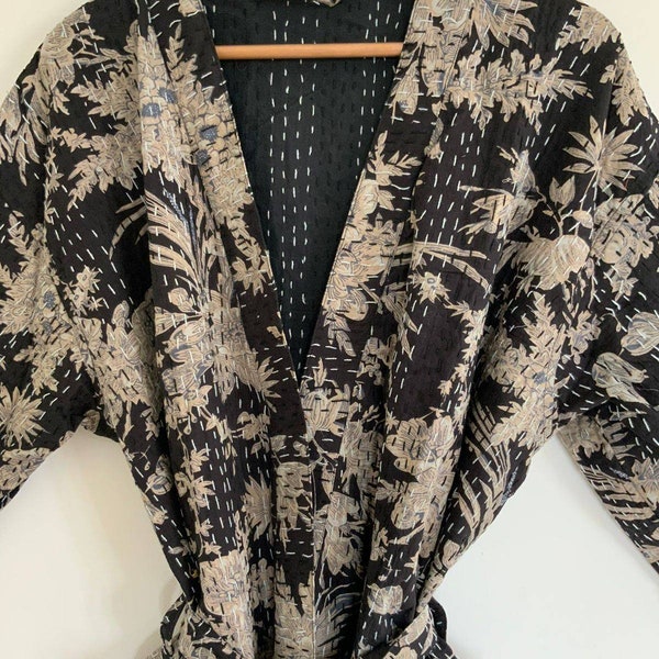 Unisex Schwarz Blumenmuster Handgemacht Kantha, Baumwolle Kimono, Nachtwäsche