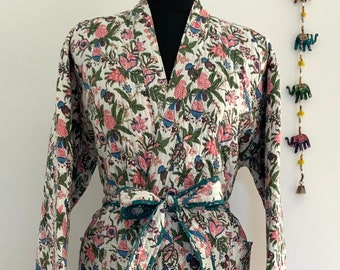 Beautiful White Floral Unisex Reversible 100%Cotton Handmade Quilted Robe,Quilted Kimono,Traditional Kimono,Winter Special OR Gift 4 Someone