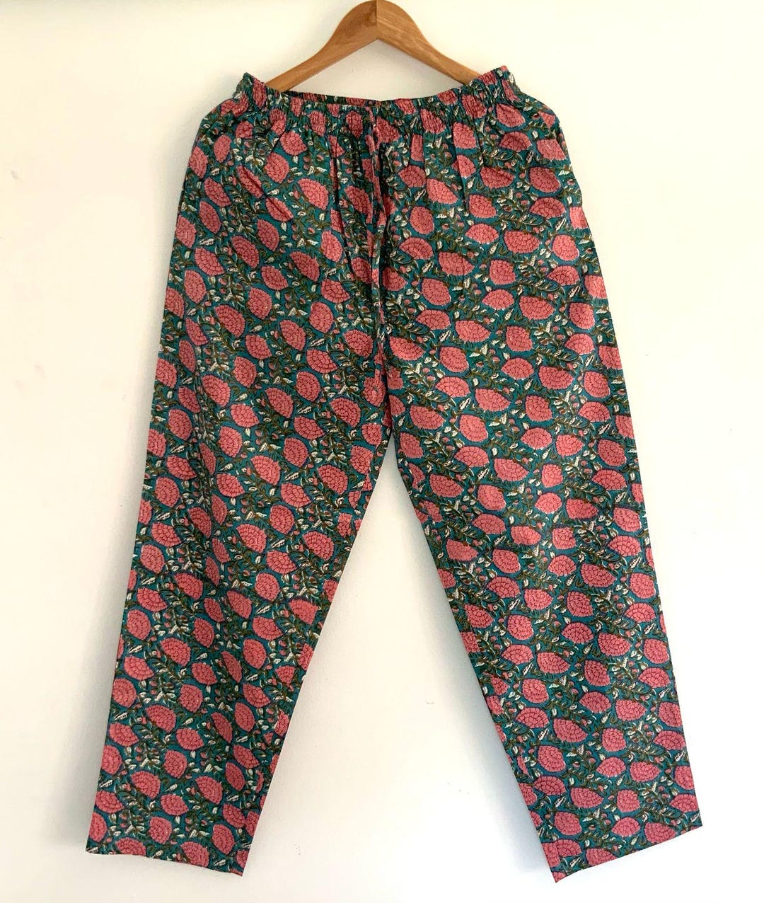 Floral Cotton Lounge Pants: Teal Blue Peach Print, Relaxed Fit