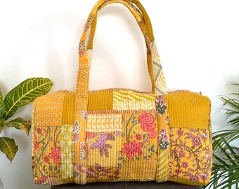 Gelb Patchwork Handgefertigte Baumwoll-Block-Print Duffle Bag,Reisetasche,Sporttasche,Yoga-Tasche, gesteppte Tasche oder für den täglichen Gebrauch ODER Geschenk jemand Besonderes