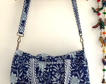 Blue Sholder Bag,Handmade Cotton Block Print Duffle Bag,Travel Bag,Gym or Yoga Bag,Quilted Bag Everyday use OR Gift For Someone Special