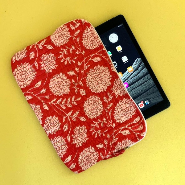 Beautiful Red Floral 100% Cotton Block Print Quilted  Handmade Laptop Protector/Sleeve,Ipad Sleeve,Tablet zipper Pouch,Macbook Air Cover