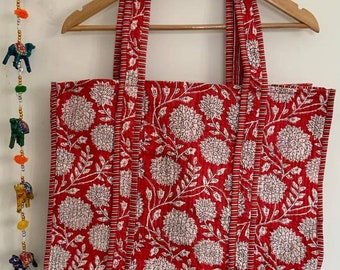 Handmade Cotton Red Block Print reversible Shopping Bag,Tote Bag,Large Shopping Bag,Quilted Tote Bag,Large Floral Bag,Kantha Bag