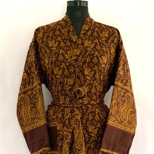 Unisex Yak Wool Blend Coffee Brown Floral Handmade Kimono,Winter Special,House robe,Gift For Someone Special/Occasionally.