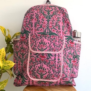 Beau sac à dos matelassé floral rose en coton fait main, sac pour ordinateur portable, sac de voyage, sac à dos bohème indien, cartable, usage quotidien ou parfait pour cadeau