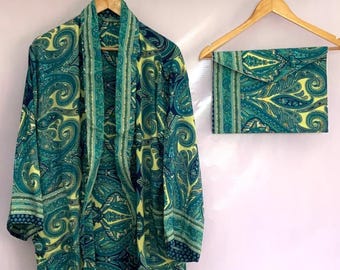 Kimono/bata especial de mezcla de seda con cuello verde y amarillo para hombre, ropa de dormir, ropa de playa, ropa de estar, ropa de verano/perfecto para regalar a alguien especial