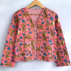 Gorgeous Pink Tiger Print 100% Cotton Handmade Reversible Light Weight Quilted Short Jacket,WomenWear New Style Coat,Partywear/Gift For Her