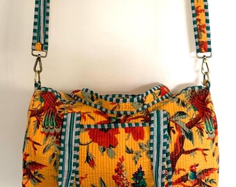 Yellow With Green Lining Shoulder Bag,Handmade Cotton Block Print Duffle Bag,Quilted Travel Bag,Gym/Yoga Bag OR Gift For Someone Special