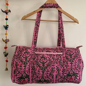 Pink Handmade Cotton Block Print Duffle Bag,Shopping Bag,Travel Bag,Gym or Yoga Bag,Quilted Bag Everyday use OR Gift For Someone Special image 1