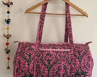 Handmade Pink Cotton Block Print Duffle Bag: Quilted Travel Gym Bag