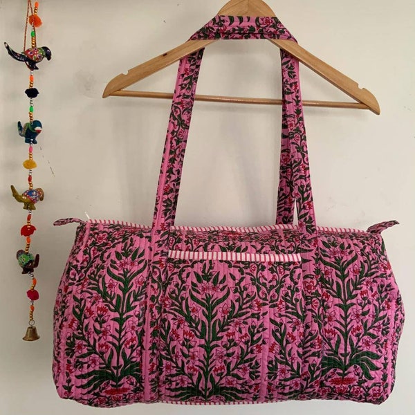 Pink Handmade Cotton Block Print Duffle Bag,Shopping Bag,Travel Bag,Gym or Yoga Bag,Quilted Bag Everyday use OR Gift For Someone Special