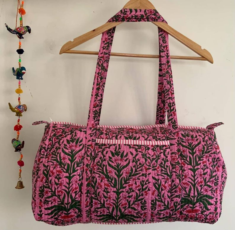 Pink Handmade Cotton Block Print Duffle Bag,Shopping Bag,Travel Bag,Gym or Yoga Bag,Quilted Bag Everyday use OR Gift For Someone Special image 1