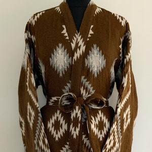 Yak Wool Blend Unisex Kimono/Robe,Handmade,Winter Special,House Robe, Brown Geometric Diamond Aztec Print Dressing Gown,Traditional Robe
