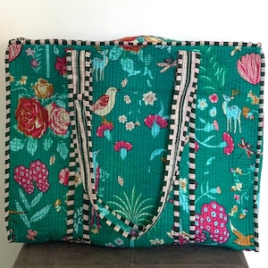 Neue grüne Reißverschluss-Art-Einkaufstasche handgemachte Baumwollblock-Druck-Einkaufstasche, Einkaufstasche, große gesteppte Einkaufstasche, Blumenmarkttasche, gelegentlich Geschenktasche