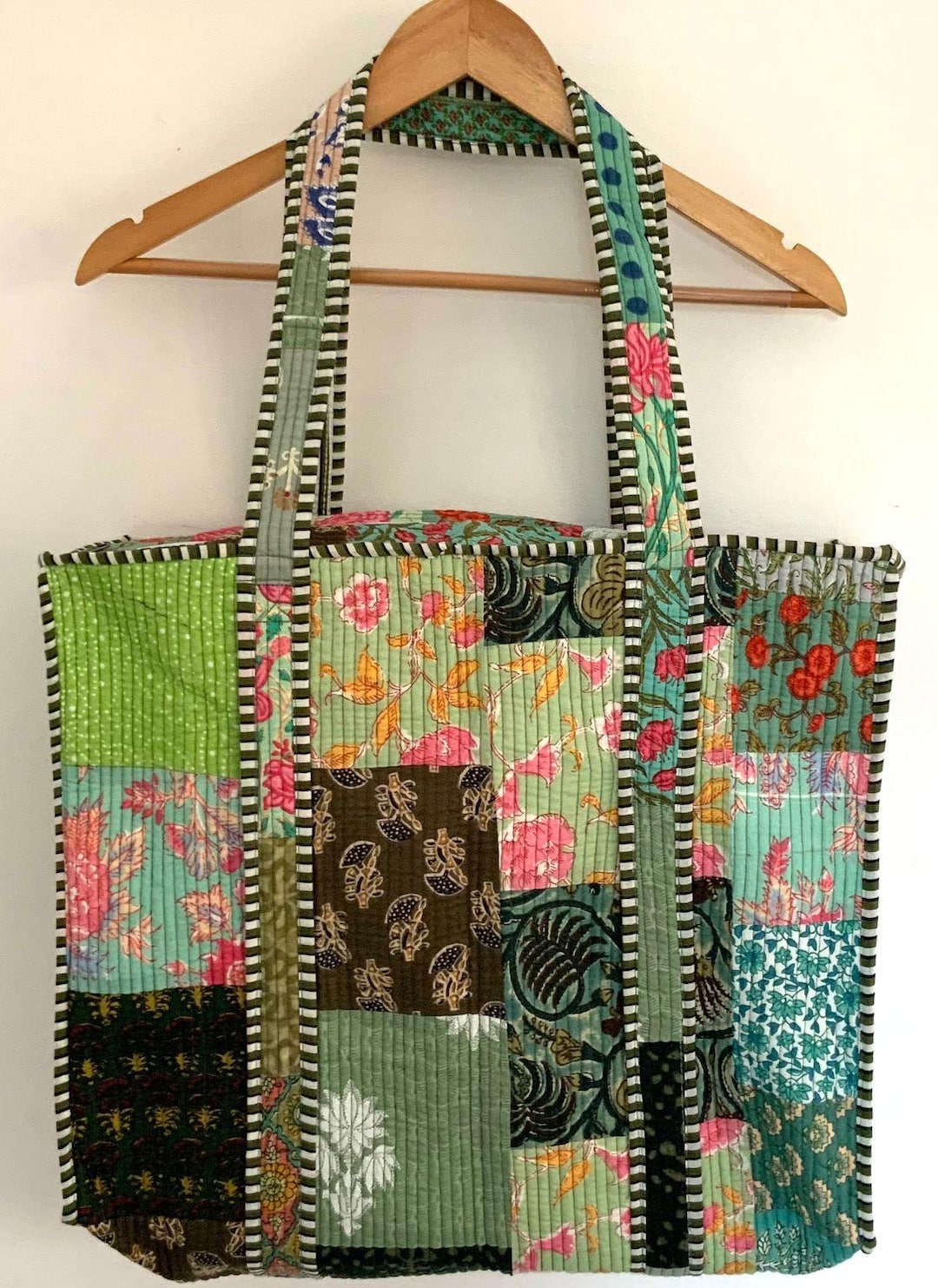 Patched quilted tote, green main image 0