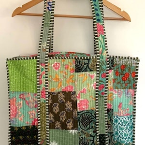 Neue Reißverschluss-Art-Grün-Patchwork-Einkaufstasche handgemachte Baumwollblock-Druck-Einkaufstasche, große gesteppte Tasche, Blumenmarkt-Tasche, gelegentlich Geschenk-Tasche