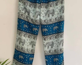 Blue Shad Elephant Design Rayon Silk Pant perfect For Summer time, Nightwear, Loungewear, Night Parties or Everyday Use