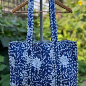 Handmade Cotton Blue Floral Block Print reversible Shopping Bag,Tote Bag,Large Shopping Bag,Quilted Tote Bag,Large Floral Bag,Kantha Bag