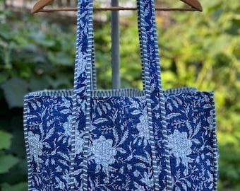 Handmade Cotton Blue Floral Block Print reversible Shopping Bag,Tote Bag,Large Shopping Bag,Quilted Tote Bag,Large Floral Bag,Kantha Bag