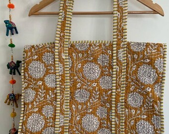 Handmade Cotton Mustard Colour Block Print reversible Shopping Bag,Tote Bag,Large Shopping Bag,Quilted Tote Bag,Large Floral Bag,Kantha Bag