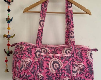 Handmade Cotton Block Print Pink Duffle Bag,Shopping Bag,Travel Bag,Gym or Yoga Bag,Quilted Bag Everyday use OR Gift For Someone Special