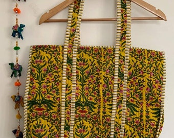 Handmade Cotton Yellow Block Print reversible Shopping Bag,Tote Bag,Large Shopping Bag,Quilted Tote Bag,Large Floral Bag,Kantha Bag