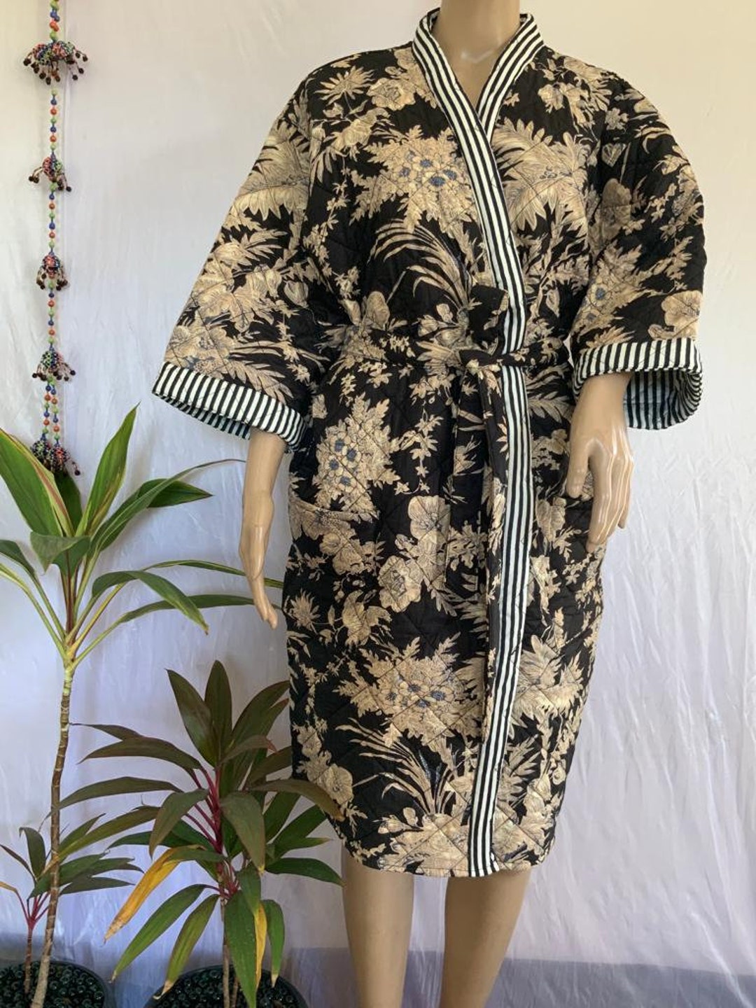 Hand Made Robe Unisex Black Cotton Handmade Animal Print Quilted Robe,robe Kimono ...