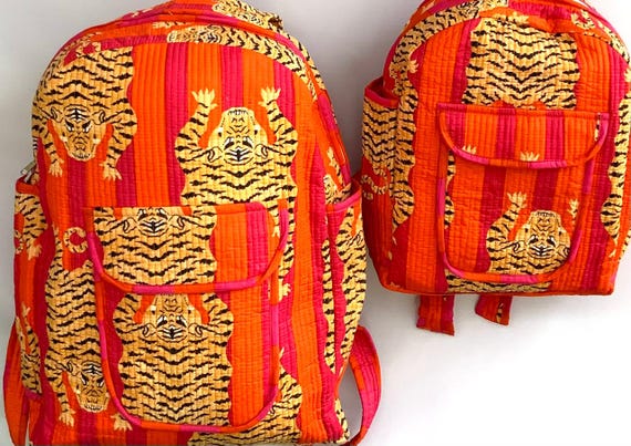 backpacks with laptop compartment in india Orange Jaipuri Tiger Quilted Cotton Backpack: Indian Boho Laptop Bag