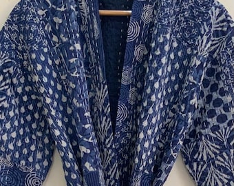 Blue Indigo Short Kantha Robe: Hand-Stitched Cotton Kimono