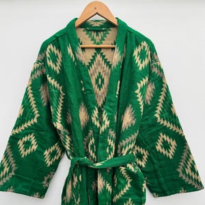 Beautiful Green Yak Wool Blend Unisex Kimono,Handmade,Winter Special,House Robe,Geometric Diamond Aztec Print Dressing Gown,Traditional Robe