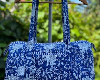 Blue Floral Handmade Cotton Block Print Duffle Bag,Shopping Bag,Travel Bag,Gym or Yoga Bag,Quilted Bag,Kantha Bag or Everyday use