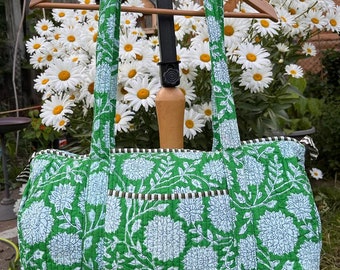 Handmade Cotton Block Print Green Duffle Bag,Shopping Bag,Travel Bag,Gym or Yoga Bag,Quilted Bag Everyday use OR Gift For Someone Special