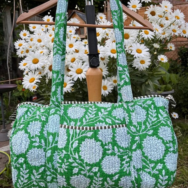 Handmade Cotton Block Print Green Duffle Bag,Shopping Bag,Travel Bag,Gym or Yoga Bag,Quilted Bag Everyday use OR Gift For Someone Special