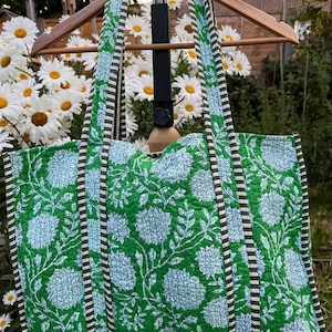 Handmade Cotton Green Block Print reversible Shopping Bag,Tote Bag,Large Shopping Bag,Quilted Tote Bag,Large Floral Bag,Kantha Bag