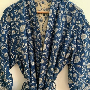 Handmade Floral Kimono Robe: Yak Wool Blend, Navy Blue Boho Loungewear