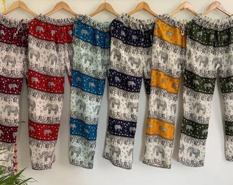 Pantalon en soie rayonne bleu marine motif éléphant, parfait pour l'été, les vêtements de nuit, les vêtements de détente, les fêtes de nuit ou un usage quotidien