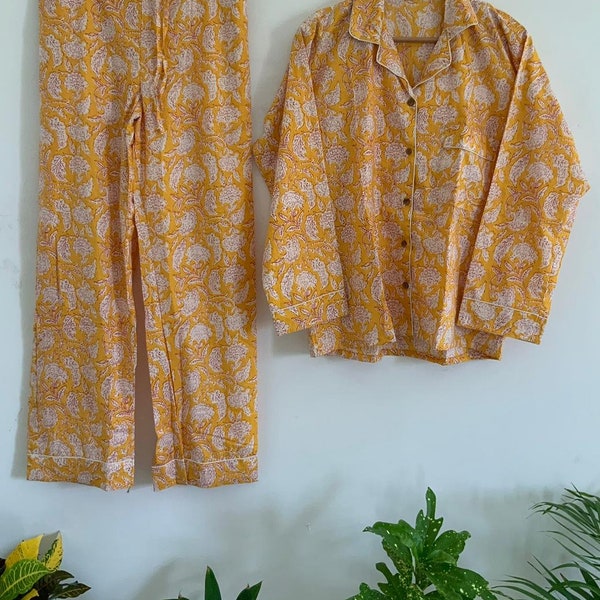 Yellow Floral Unisex 100%Pure Cotton pyjamas Set,Block Printed Pyjamas,Cotton Pyjamas Full Lenght Set,Nightwear,Loungewear,Everyday Use