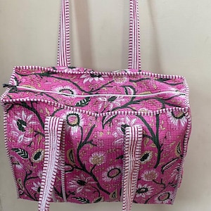 Neue Rosa Reißverschluss-Art-Einkaufstasche Handgemachte Baumwollblock-Druck-Einkaufstasche, große gesteppte Einkaufstasche, Blumenmarkttasche, gelegentlich Geschenktasche